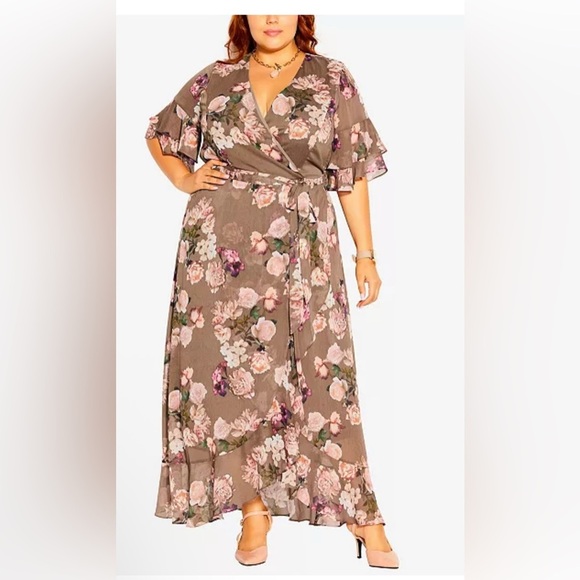 City Chic Brown and Pink V-Neck Maxi - Picture 1 of 6